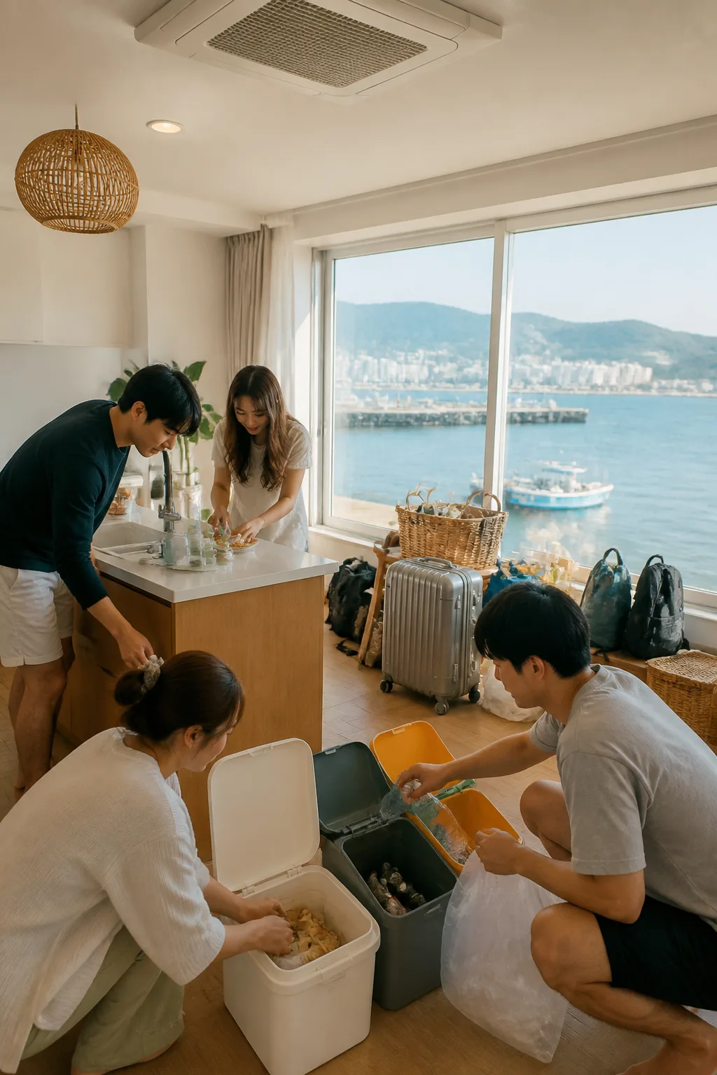 목포펜션에서 항구·섬 여행 후 쓰레기와 식재료를 정리하는 여행객들