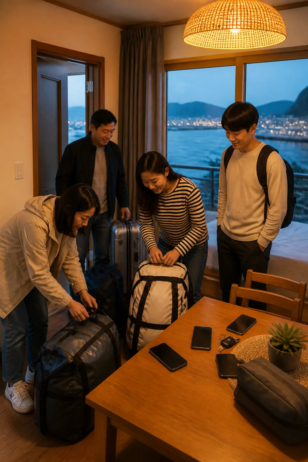 목포펜션 객실에서 항구와 섬 여행 짐을 정리하며 귀중품을 점검하는 가족 여행객