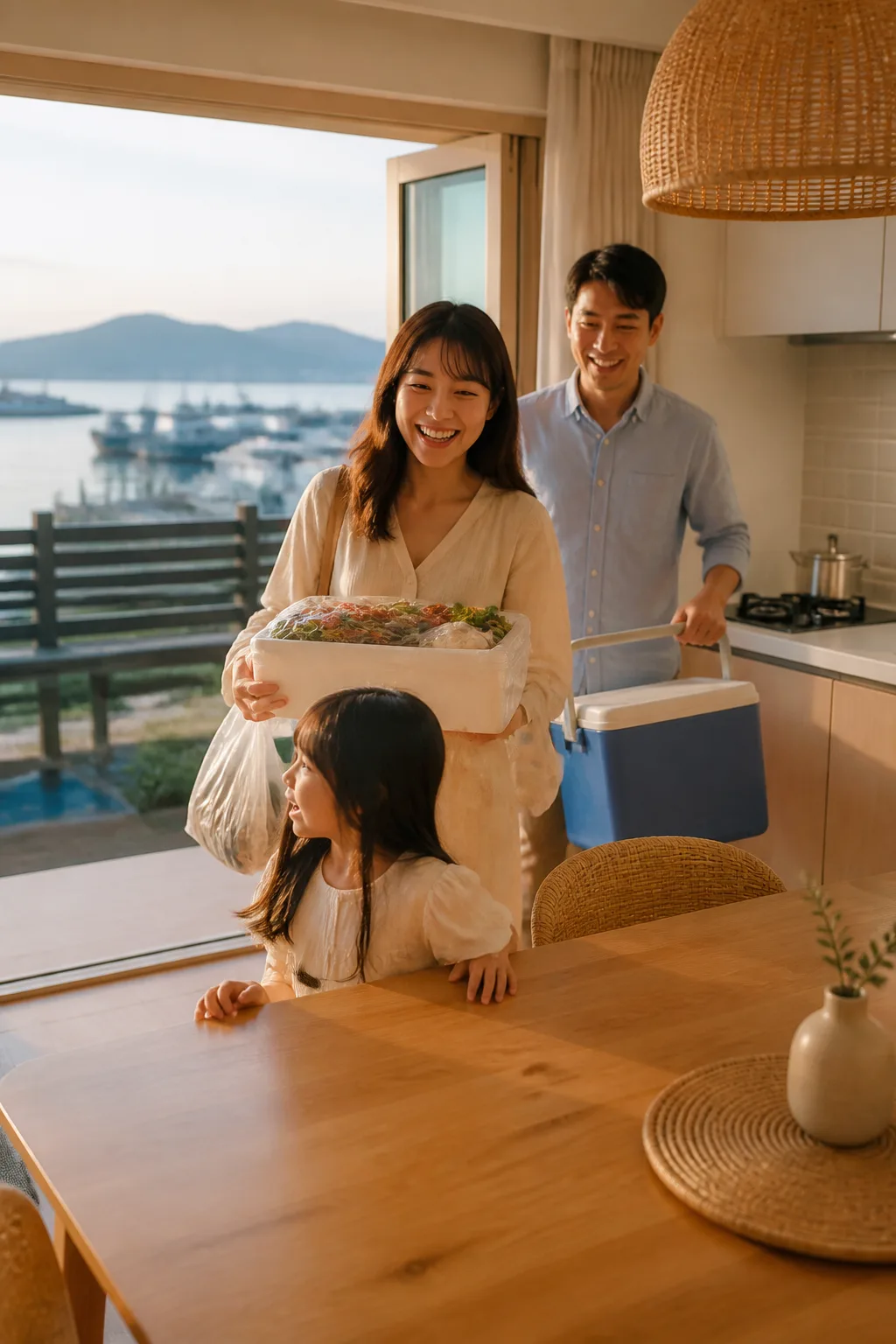 목포 항구에서 포장한 해산물을 목포펜션 식탁에서 준비하는 여행 장면